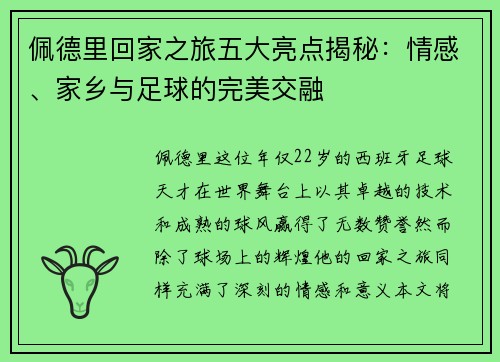 佩德里回家之旅五大亮点揭秘：情感、家乡与足球的完美交融